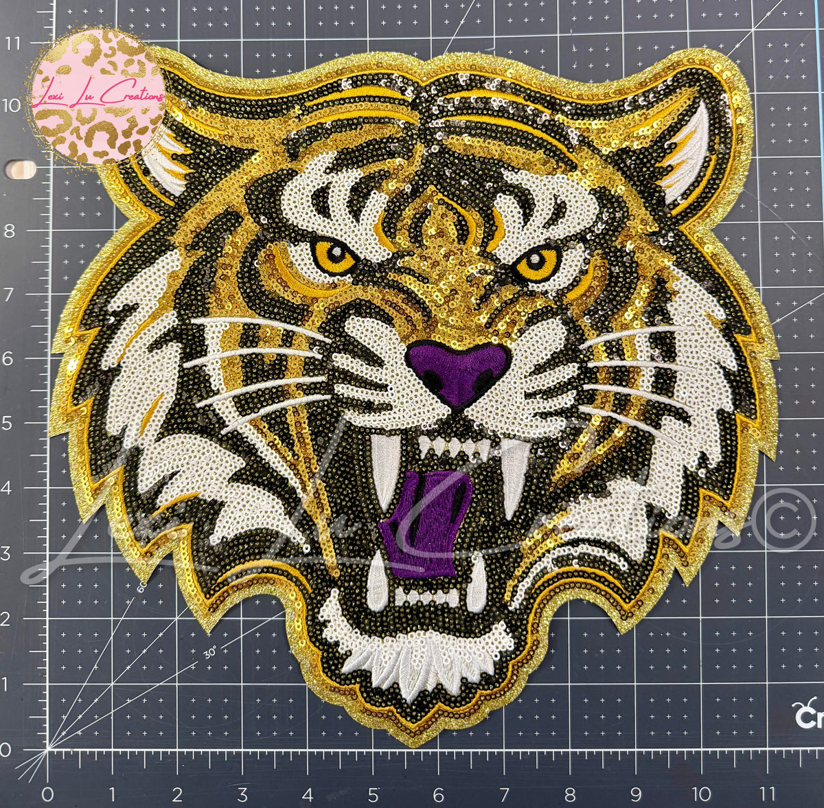 Purple & Gold Sequin Tiger Head Shirt Patch | Purple Accent Game Day Iron-On Patch