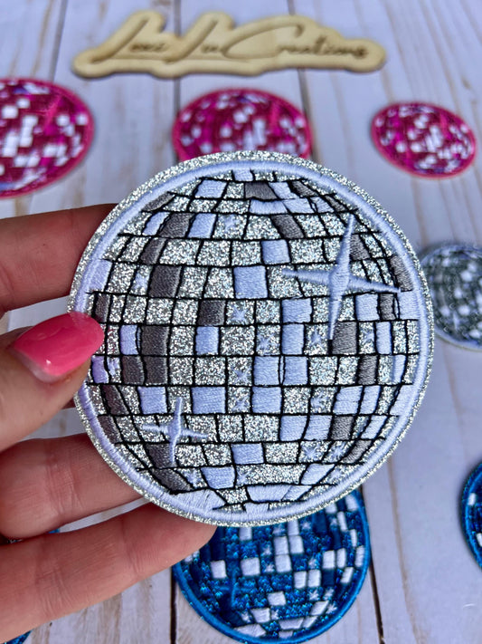 Disco Ball Embroidered and Glitter Iron On Patches 3 sizes 4 Colors | Hat Patches