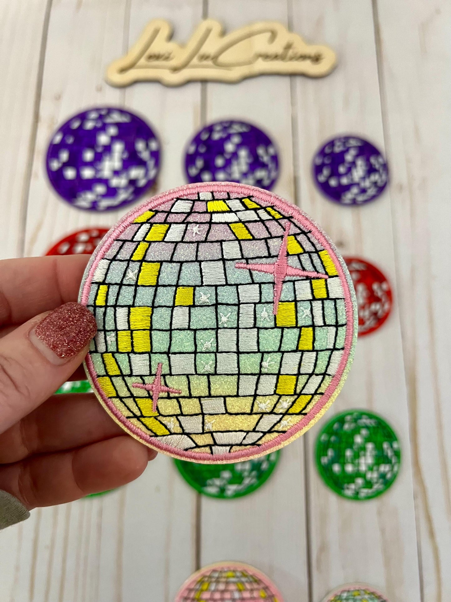 Disco Ball Embroidered and Glitter Iron On Patches 3 sizes 4 Colors | Hat Patches