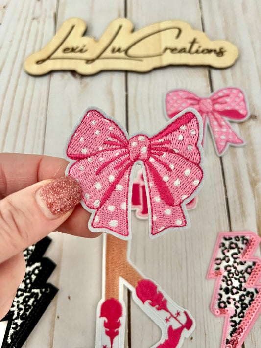 Pink Bow Embroidered Iron On Patches | Hat Patches | Coquette | Polkadot Bow | Plaid Bow