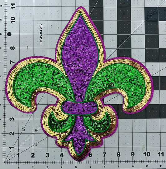 Mardi Gras Fleur De Lis Sequin Iron On Patch| Shirt Patches | Louisiana | Purple, Gold, and Green