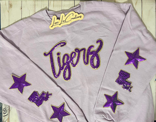 Tigers REAL Sequin Patch Shirt | GEAUX tigers Iron on Patch Sweatshirt | Louisiana Patch Apparel | LSU