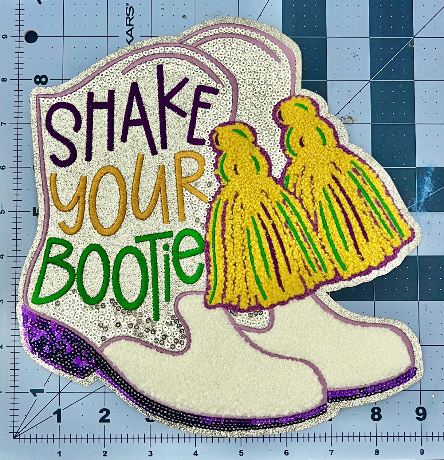 Mardi Gras Shake Your Bootie Boots Sequin Iron On Patch| Shirt Patches | Louisiana | Purple, Gold, and Green
