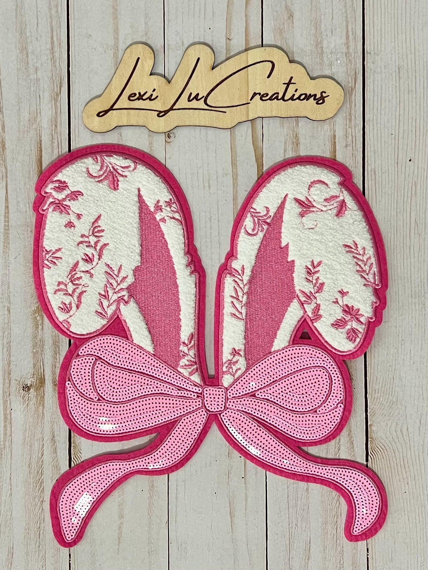 Pink Coquette Easter Bunny Ears Floral Print Chenille and Sequin Iron On Patch| Shirt Patches | Rabbit | Easter Shirt