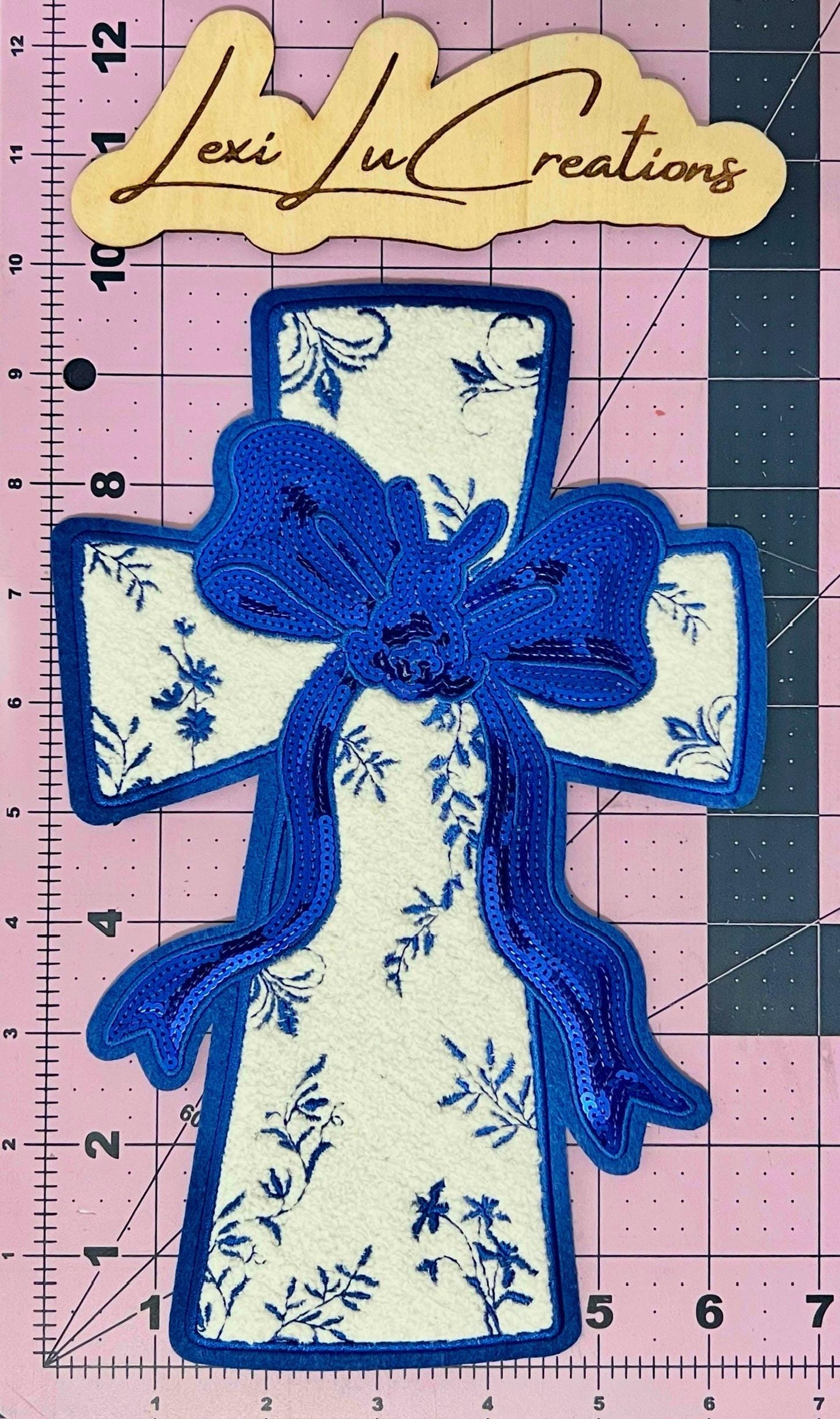 Blue Coquette Easter Cross Floral Print Chenille and Sequin Iron On Patch| Shirt Patches | Rabbit | Easter Shirt | Bunny