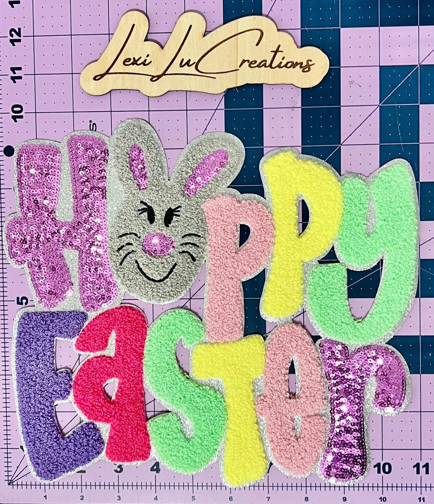 Happy Easter Bunny Chenille and Sequin Iron On Patch| Shirt Patches | Bunny | Rabbit | Easter Shirt