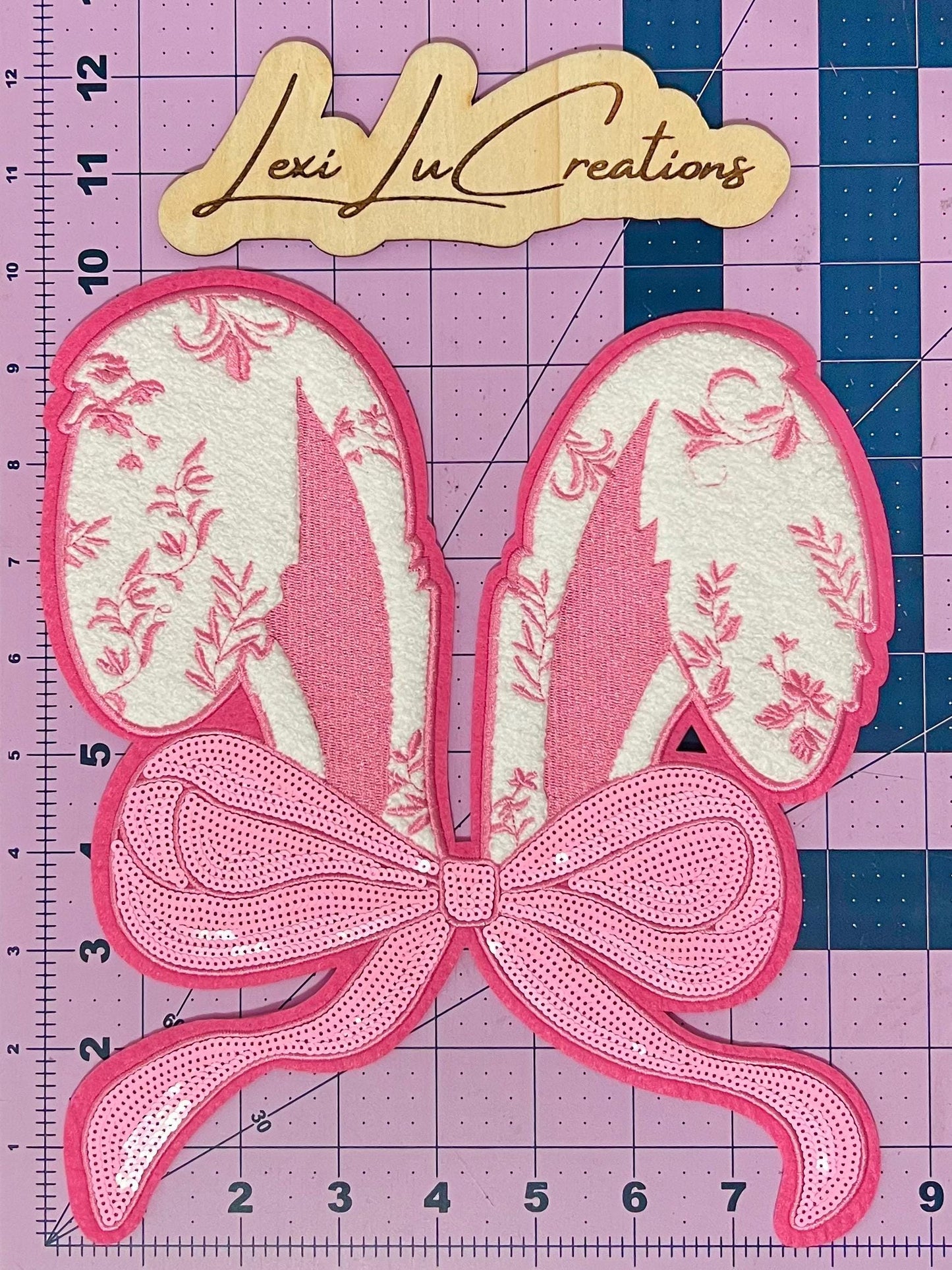 Pink Coquette Easter Bunny Ears Floral Print Chenille and Sequin Iron On Patch| Shirt Patches | Rabbit | Easter Shirt