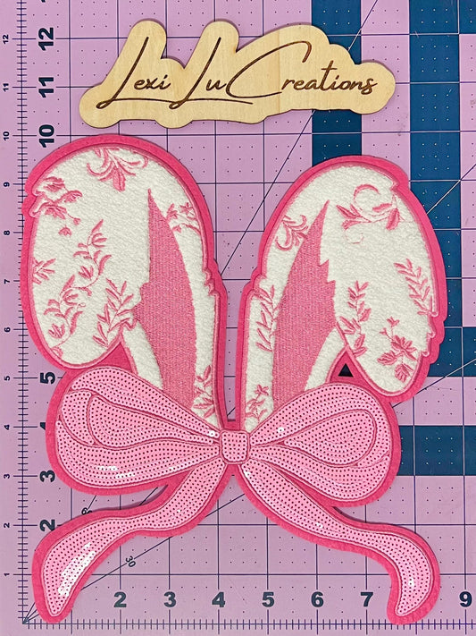 Pink Coquette Easter Bunny Ears Floral Print Chenille and Sequin Iron On Patch| Shirt Patches | Rabbit | Easter Shirt