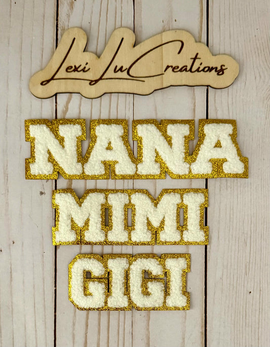 Gigi Chenille and Gold Glitter Iron On Patch | Hat Patch | Grandma Patch