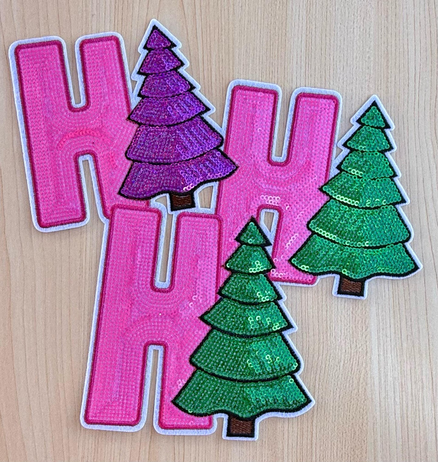 HoHoHo Christmas Tree Shirt Patch • Holiday Iron On Patch • Sequin Applique for Shirts