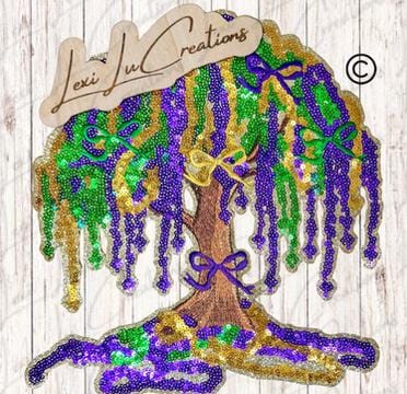Mardi Gras Tree Sequin Shirt Patch Purple Green Gold Beaded Tree Applique
