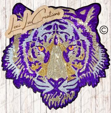 Tiger Face Sequin Patch Purple Gold Beaded - Applique Spiritwear - Patch School Mascot DIY