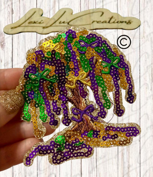 Mardi Gras Tree Sequin Shirt Patch Purple Green Gold Beaded Tree Applique