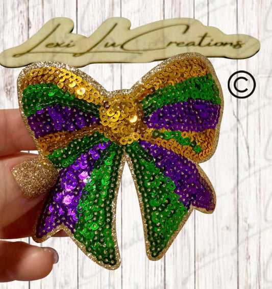 Mardi Gras Bow Sequin Patch Purple Green Gold