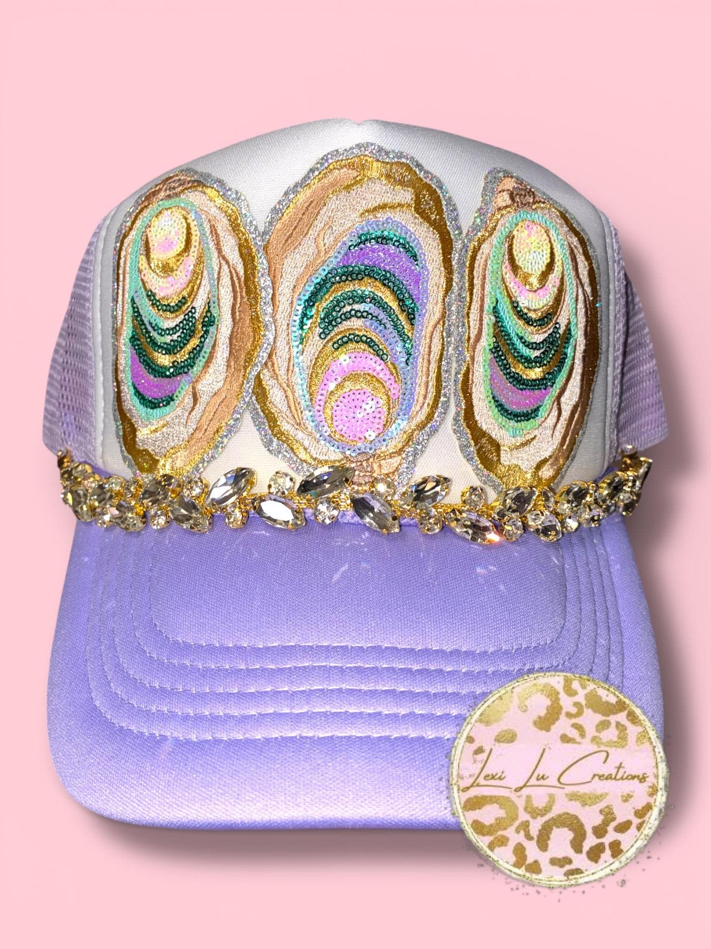 Sequin Oyster Patch Hat with Bling Chain | Coastal Southern Sparkle Trucker Hat | Louisiana Seafood Festival Hat | Custom Patch Bar Hat