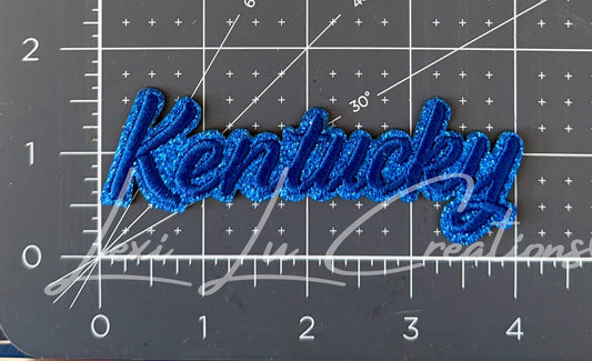 Kentucky Script Patch | Blue Glitter Kentucky Iron-On | Embroidered State Name | Game Day Appliqué