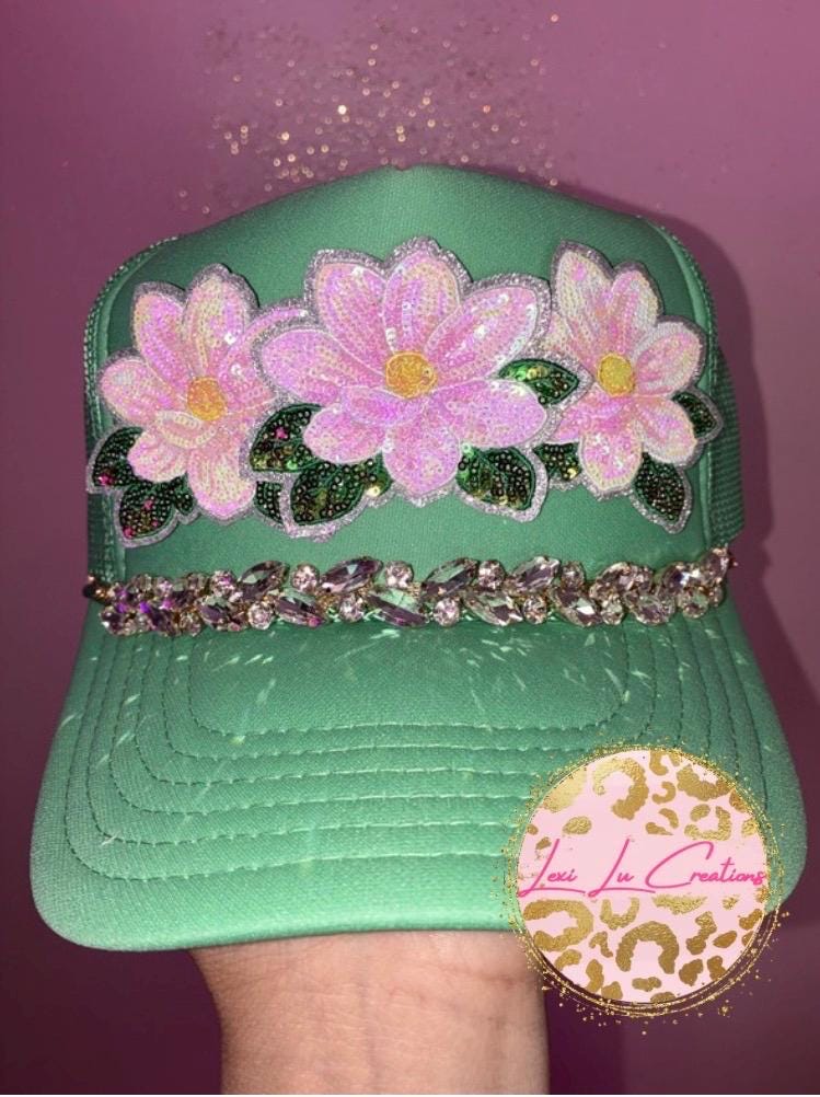 Pink Magnolia Bling Patch Hat with Rhinestone Hat Chain | Southern Glam Trucker Hat | Sparkly Magnolia Hat | Boutique Custom Hat