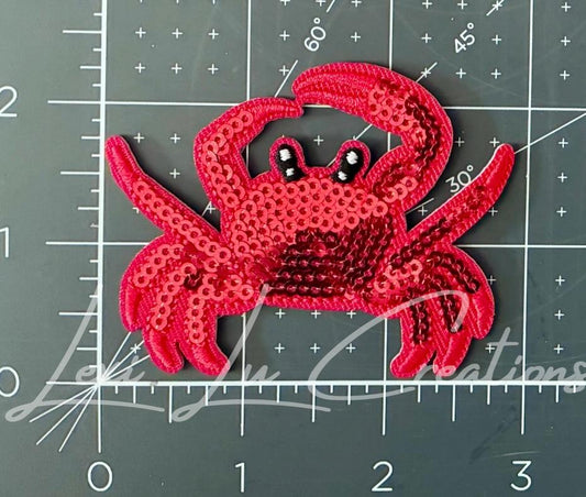 Red Crab Patch | Sequin Beach Crab Iron-On Patch | Coastal Glitter Appliqué | Summer Ocean Patch for Hats & Bags