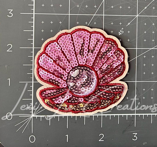 Pink Oyster Shell Patch | Sequin Pearl Shell Iron-On Patch | Coastal Glitter Appliqué | Beach Patch for Hats & Bags