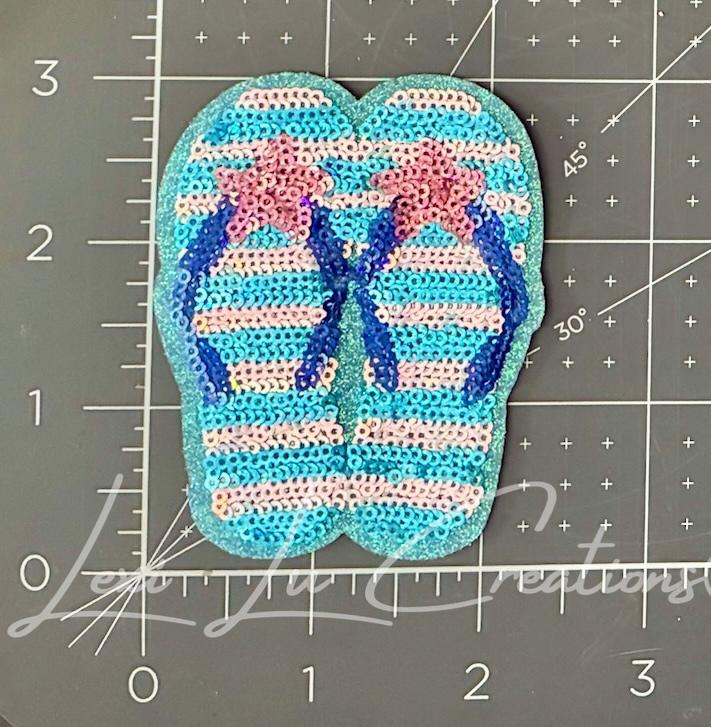 Sequin Flip Flop Patch | Beach Sandal Iron-On Patch | Coastal Glitter Appliqué | Summer Patch for Hats, Jackets & Bags