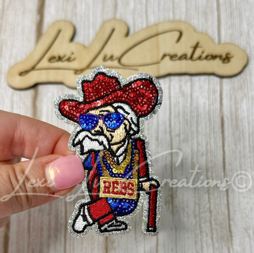 Rebel Mascot Sequin Hat Patch | Red Blue Silver Game Day Iron-On Patch