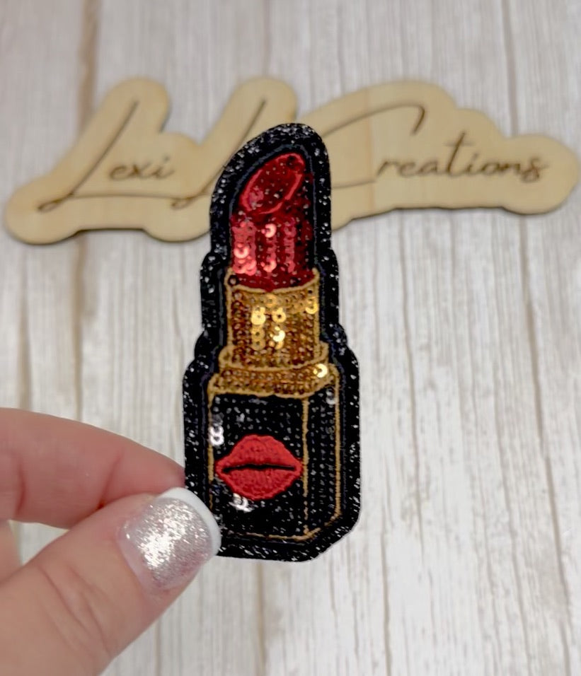 Red Lipstick Sequin Hat Patch | Glam Makeup Iron-On Patch