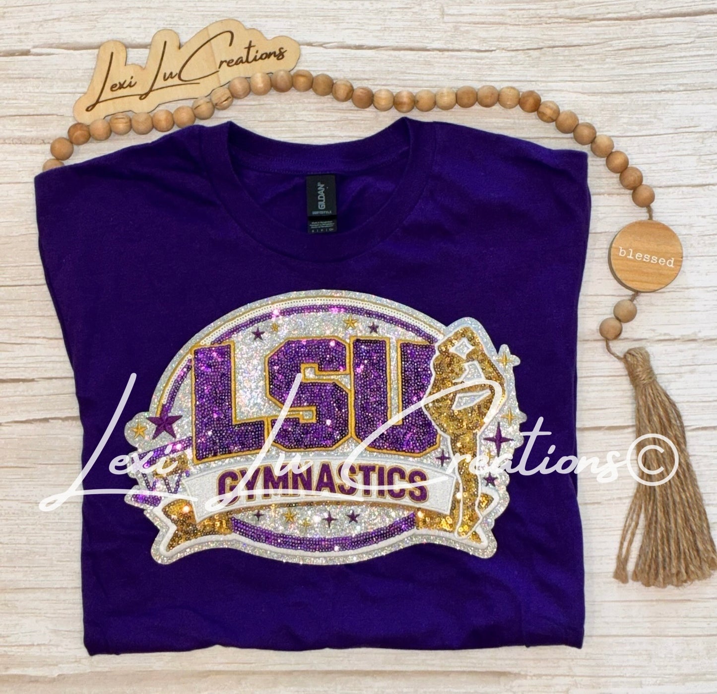 LSU Gymnastics Sequin Patch Shirt | LSU Gymnastics | Sequin Tigers Patch | Purple and Gold Patch | Louisiana Patch Apparel (Copy)