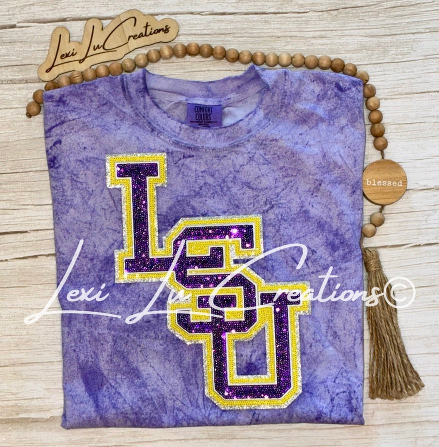 LSU Stacked Sequin Patch Shirt | Purple Gold Tigers Tee | LSU Game Day Shirt | Sparkle Tigers Apparel (Copy)