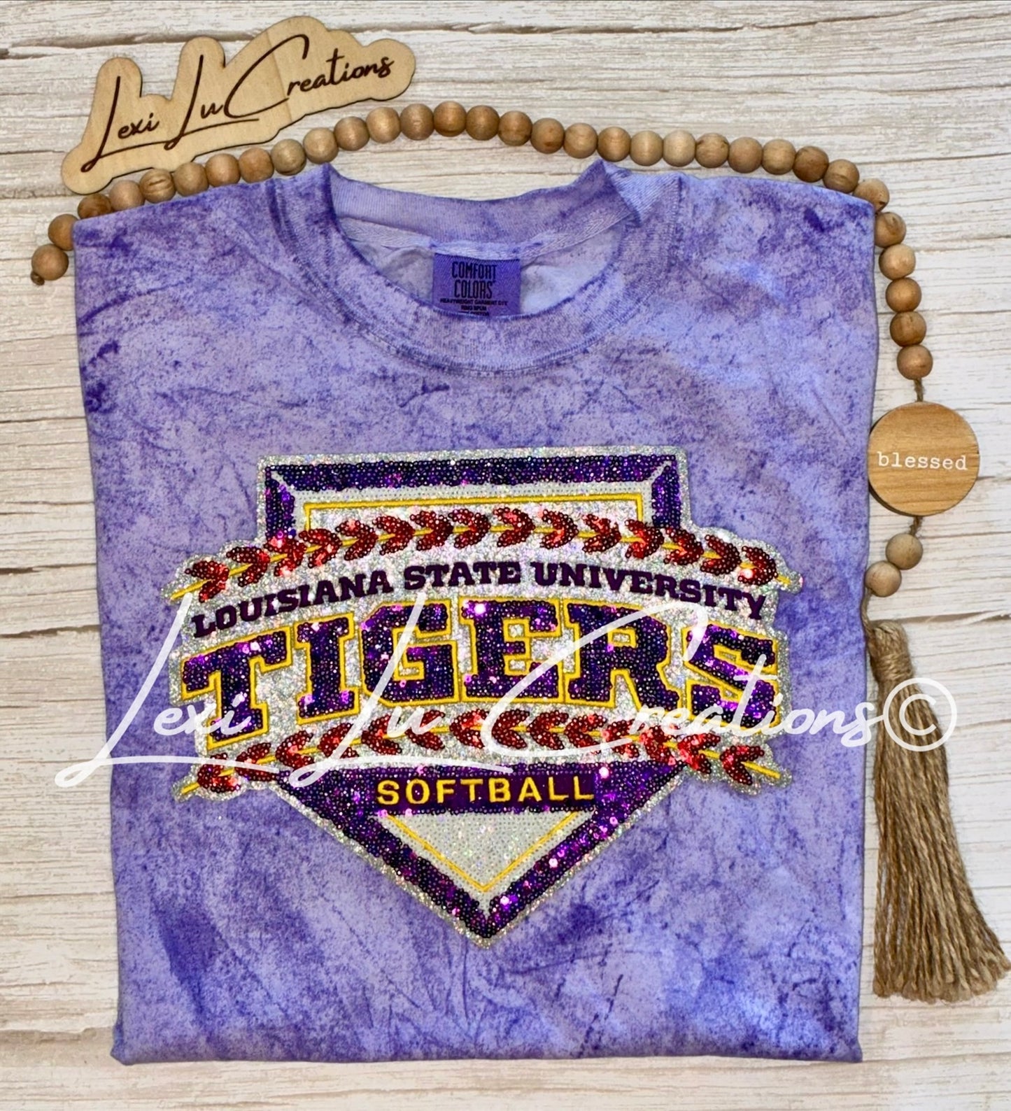 LSU Tigers Softball Sequin Patch Shirt | Purple Gold Tigers Tee | LSU Game Day Shirt | Sparkle Tigers Apparel (Copy) (Copy)