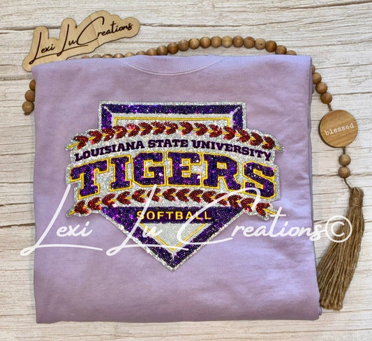 LSU Tigers Softball Sequin Patch Shirt | Purple Gold Tigers Tee | LSU Game Day Shirt | Sparkle Tigers Apparel (Copy) (Copy)