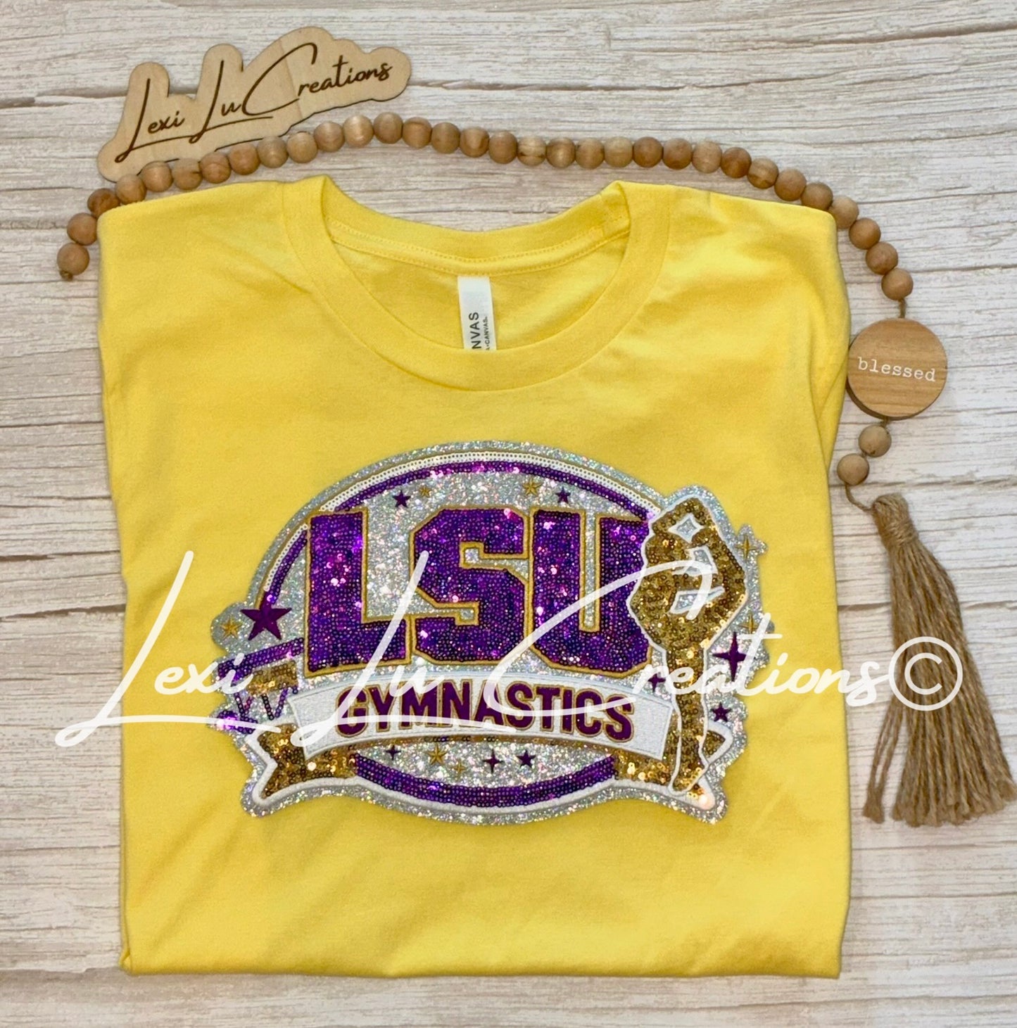 LSU Gymnastics Sequin Patch Shirt | LSU Gymnastics | Sequin Tigers Patch | Purple and Gold Patch | Louisiana Patch Apparel (Copy)