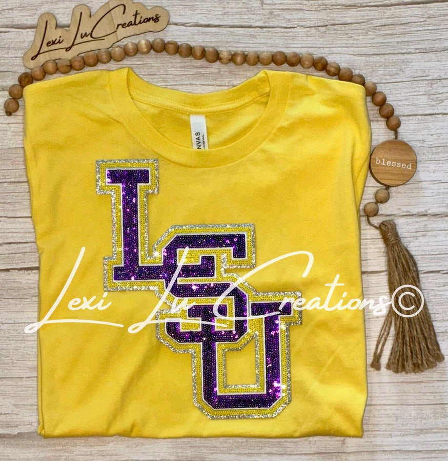 LSU Stacked Sequin Patch Shirt | Purple Gold Tigers Tee | LSU Game Day Shirt | Sparkle Tigers Apparel (Copy)
