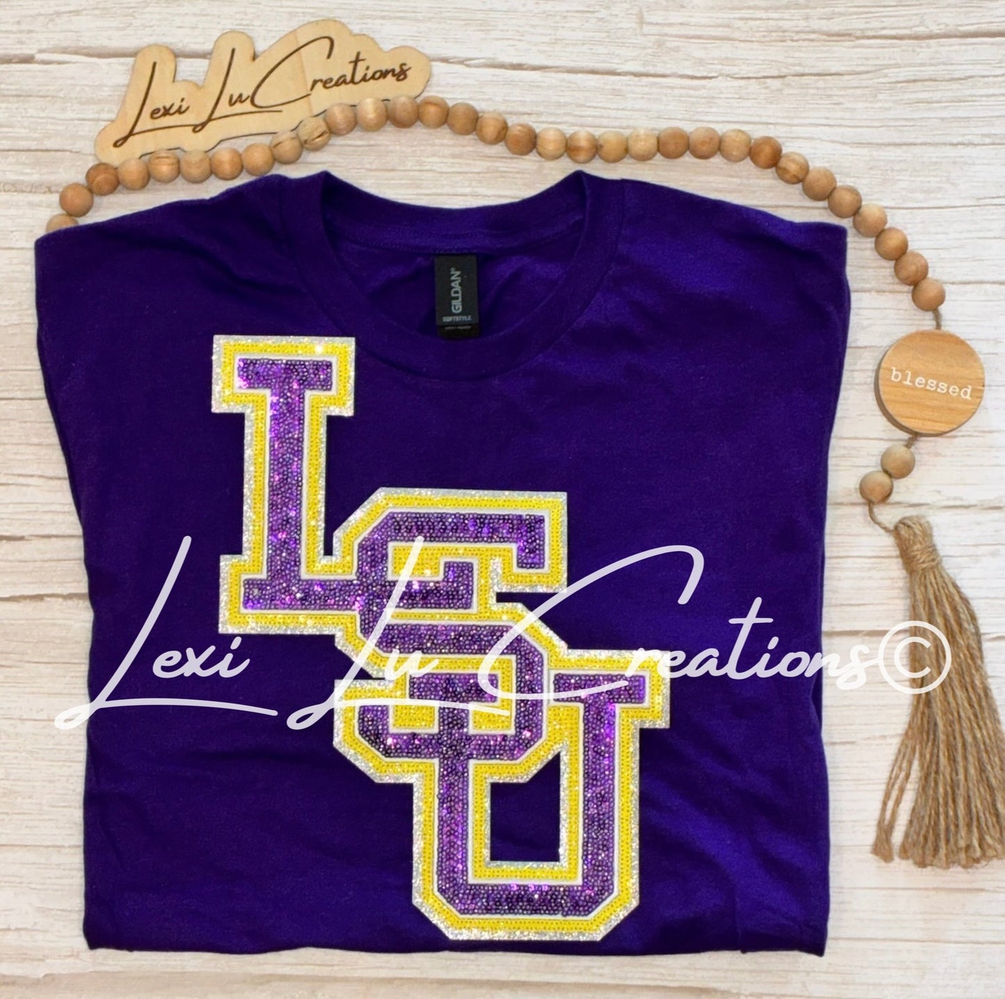 LSU Stacked Sequin Patch Shirt | Purple Gold Tigers Tee | LSU Game Day Shirt | Sparkle Tigers Apparel (Copy)