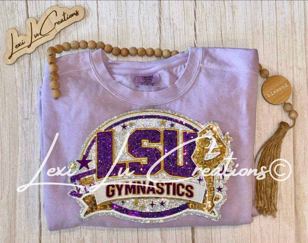 LSU Gymnastics Sequin Patch Shirt | LSU Gymnastics | Sequin Tigers Patch | Purple and Gold Patch | Louisiana Patch Apparel (Copy)