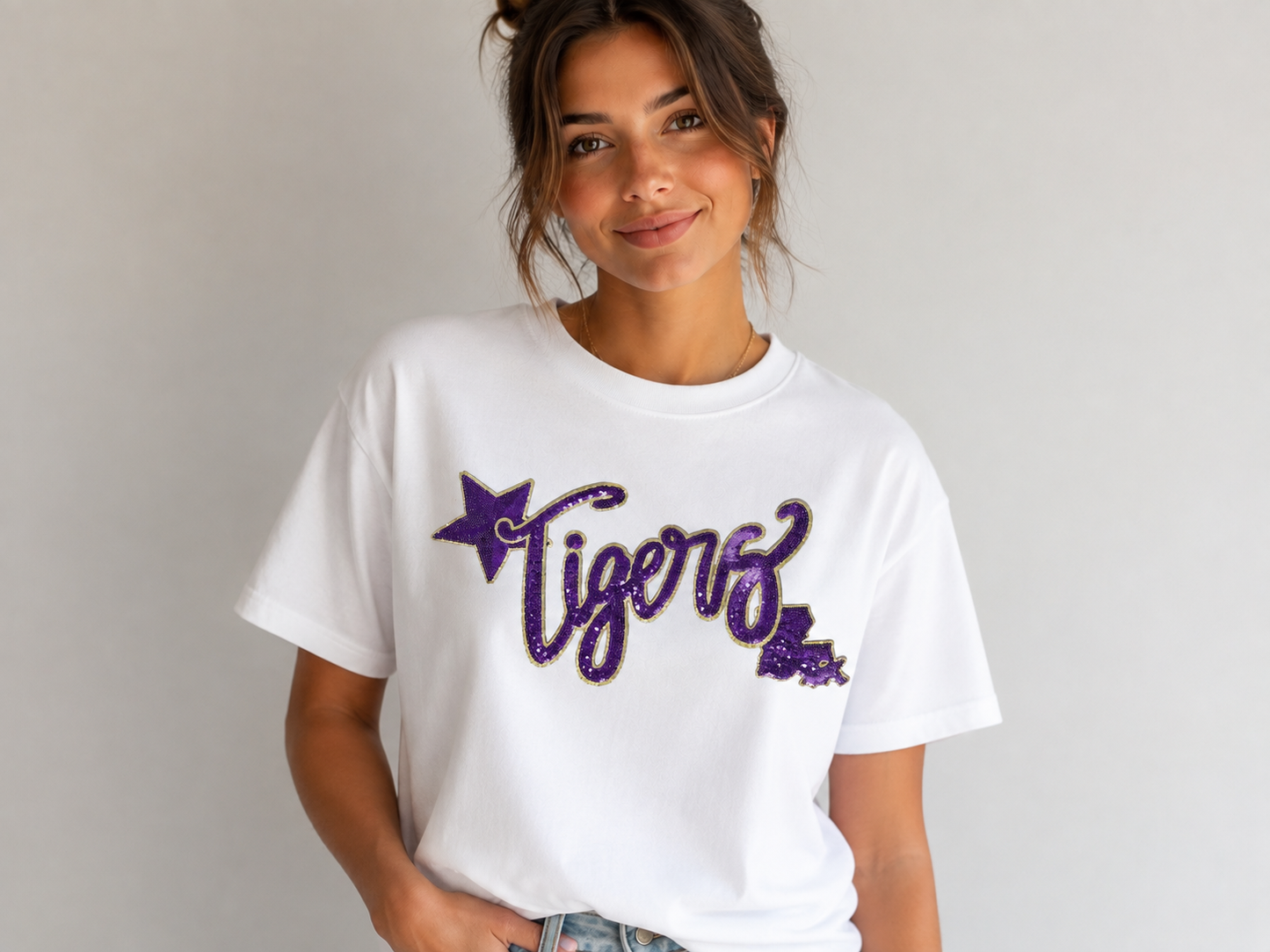 Purple & Gold Tigers Sequin Short Sleeve Shirt