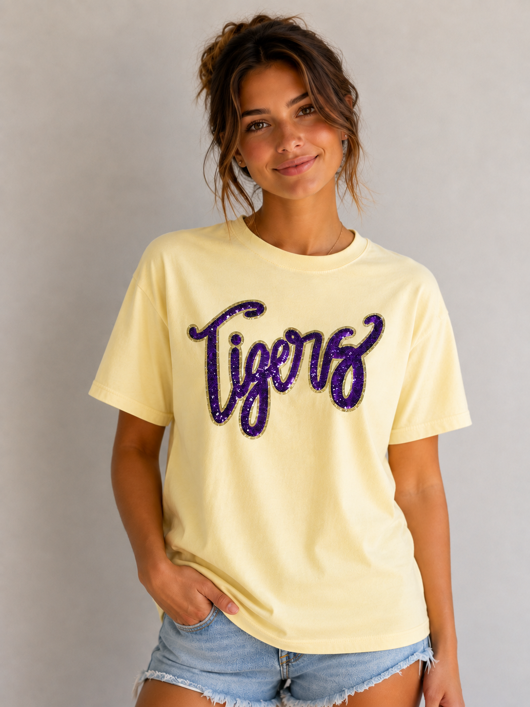 Purple & Gold Tigers Sequin Short Sleeve Shirt