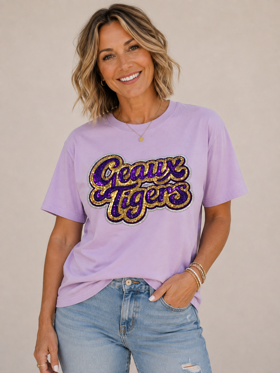 Geaux Tigers Purple & Gold Sequin Short Sleeve Shirt