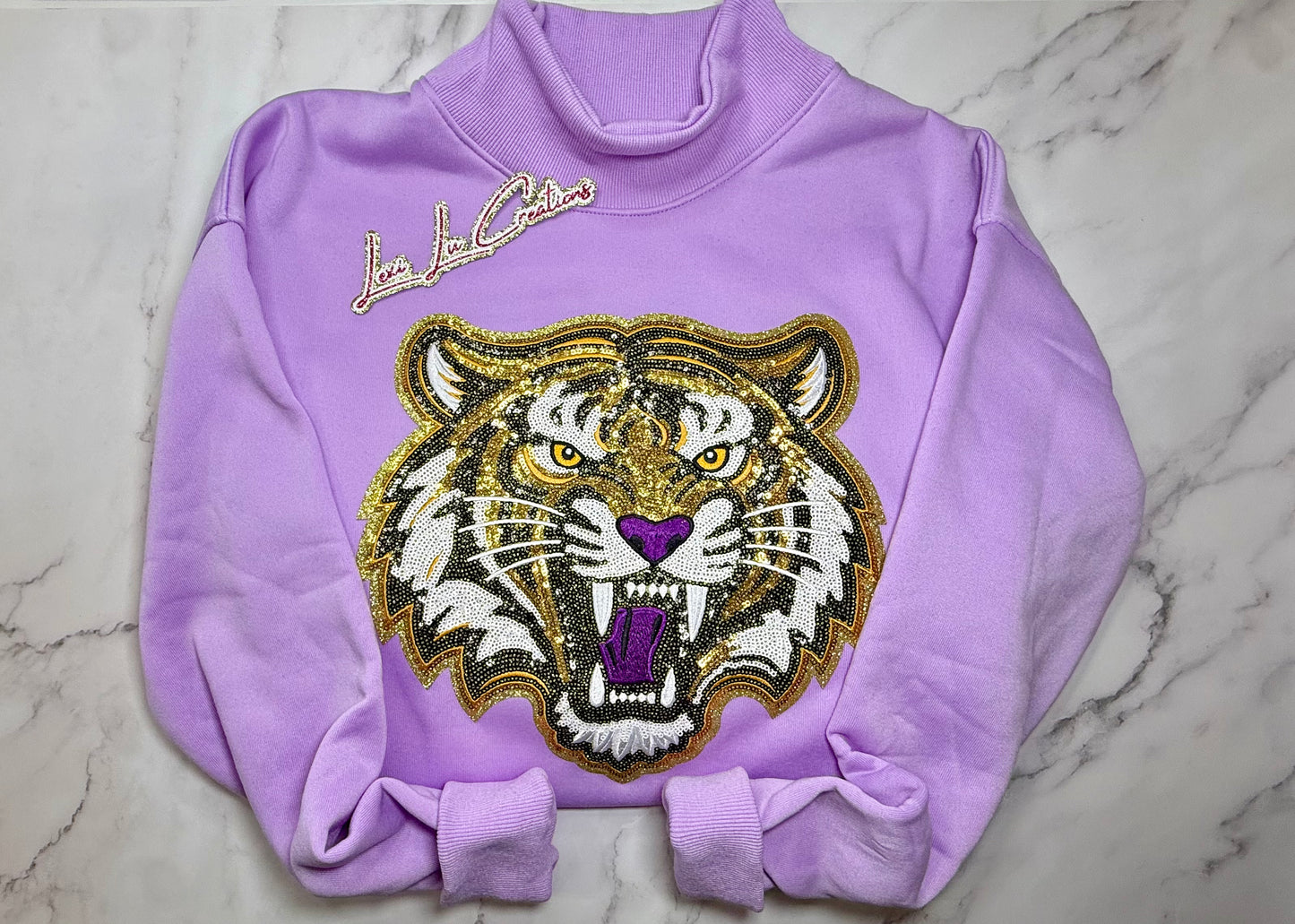 SWEATSHIRT - LSU Sequin Tiger Mock Neck Sweatshirt | Lavender Purple & Gold