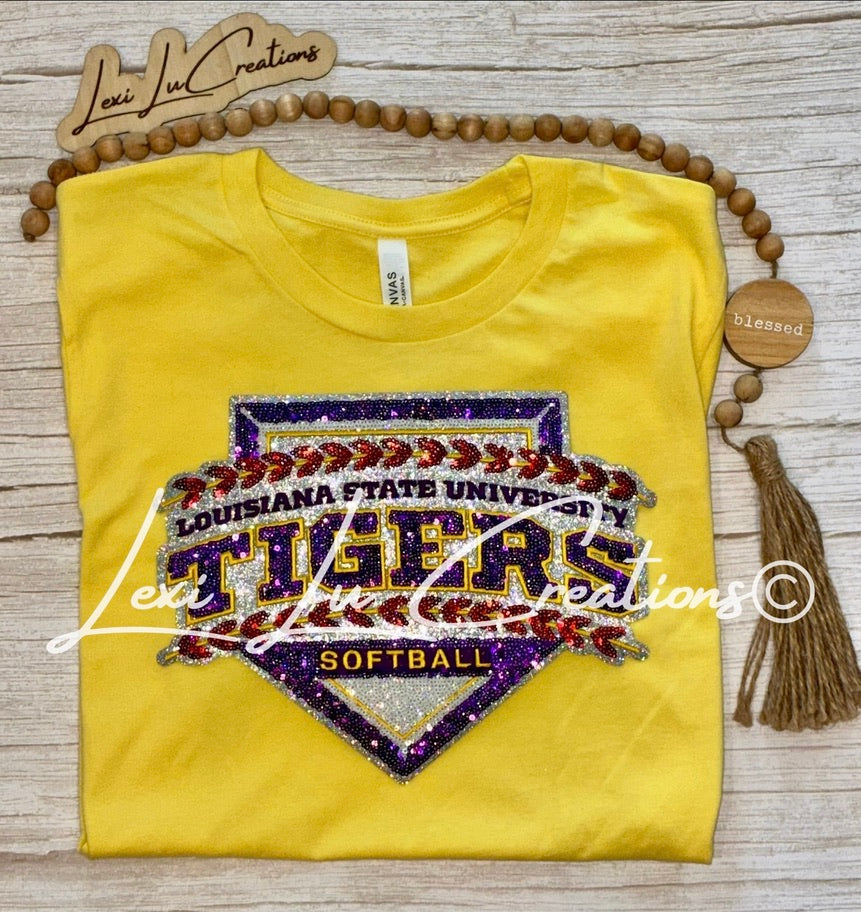 LSU Tigers Softball Sequin Patch Shirt | Purple Gold Tigers Tee | LSU Game Day Shirt | Sparkle Tigers Apparel (Copy) (Copy)