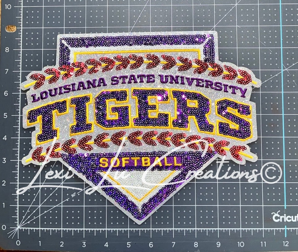 LSU Tigers Softball Sequin Patch Shirt | Purple Gold Tigers Tee | LSU Game Day Shirt | Sparkle Tigers Apparel (Copy) (Copy)