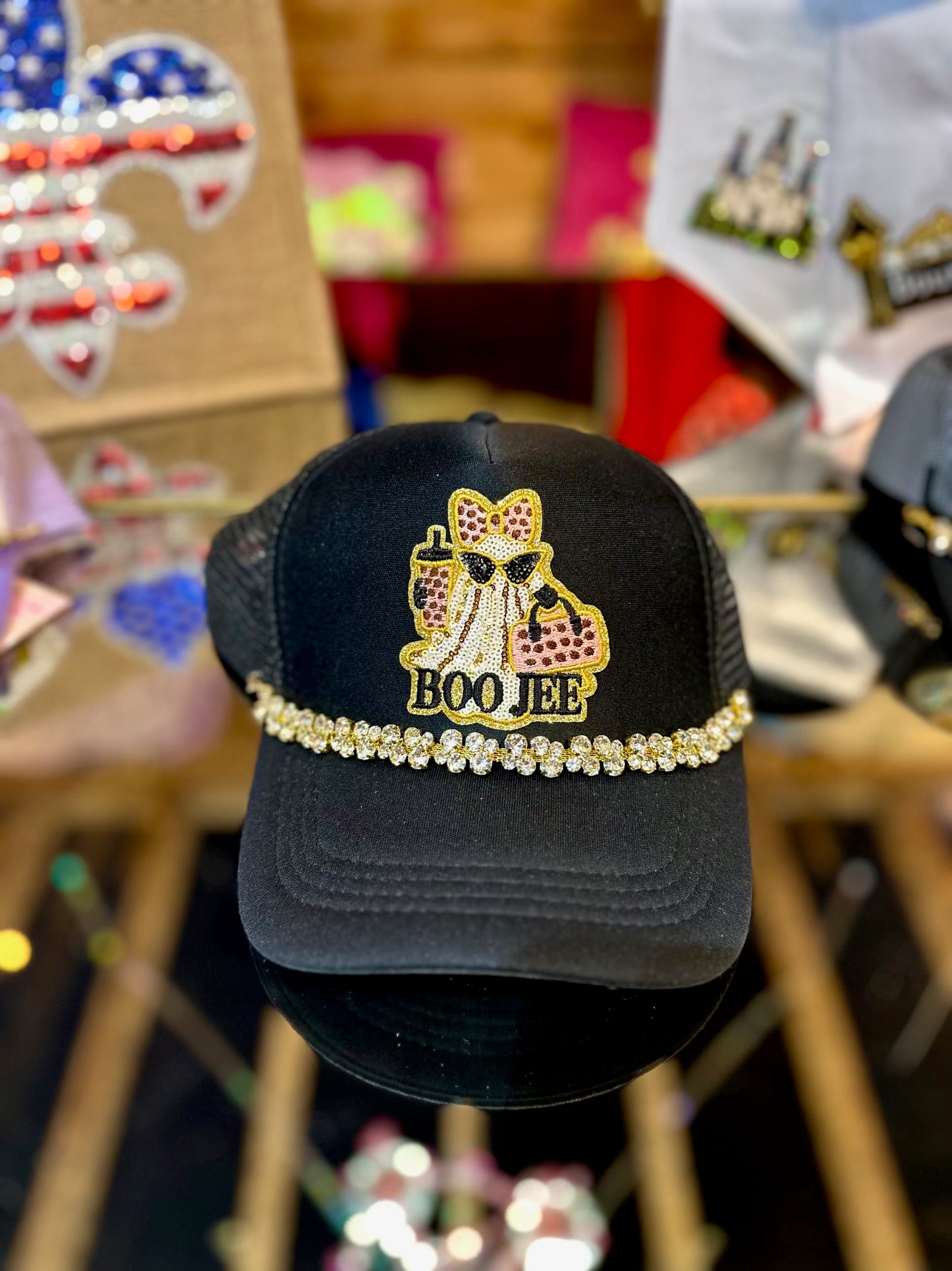Boo Jee Ghost Sequin Trucker Hat | Black & Gold Rhinestone Hat