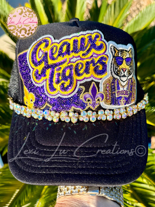 Geaux Tigers Mascot Drip Sequin Trucker Hat | Purple & Gold