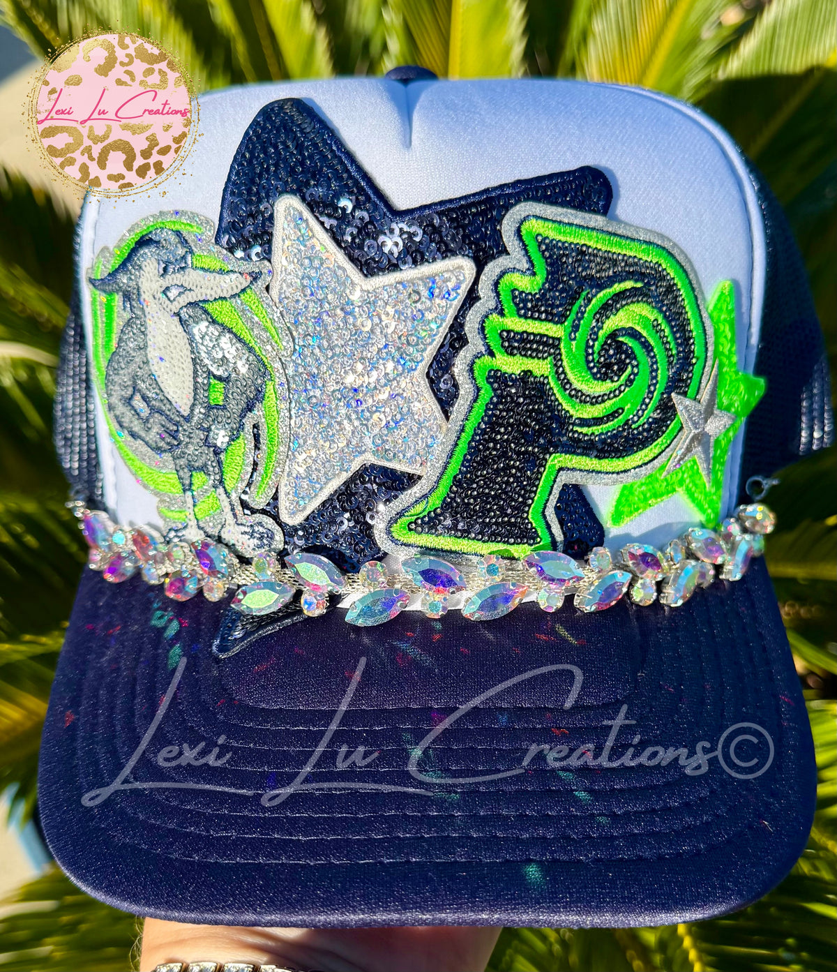 Prairieville Hurricanes Sequin Trucker Hat | Navy & Neon Green