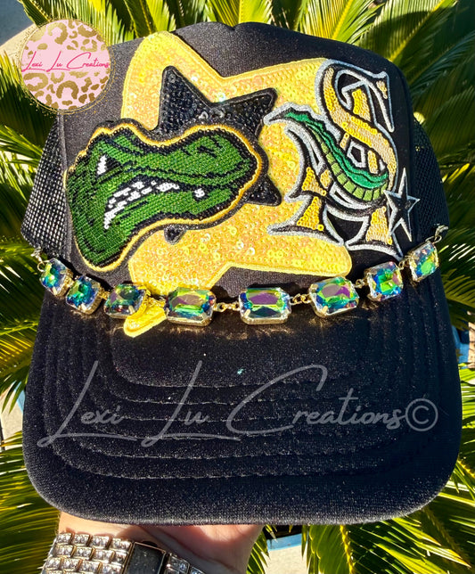 St. Amant Gators Sequin Game Day Trucker Hat | Black, Gold & Green