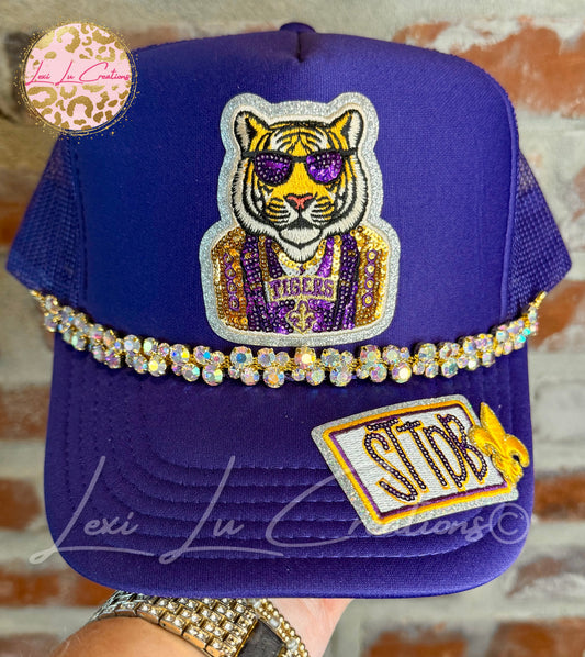 STTDB Tiger Mascot Drip Sequin Trucker Hat | Purple & Gold