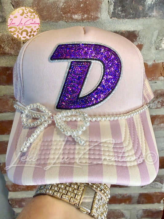 Dutchtown Sequin D Lavender Stripe Trucker Hat with Pearl Bow Chain