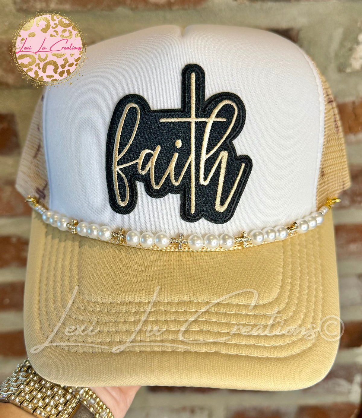 Faith Cross Trucker Hat with Pearl & Rhinestone Chain