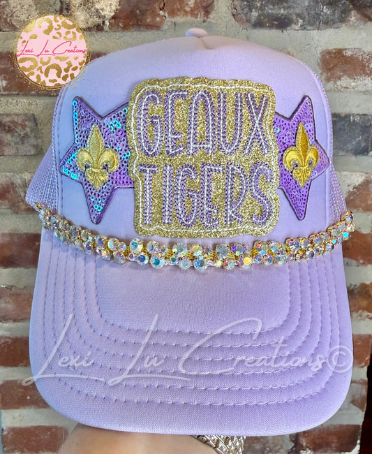 Geaux Tigers Glitter Trucker Hat with Rhinestone Chain