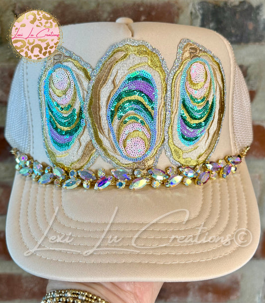 Sequin Oyster Trucker Hat with Rhinestone Chain