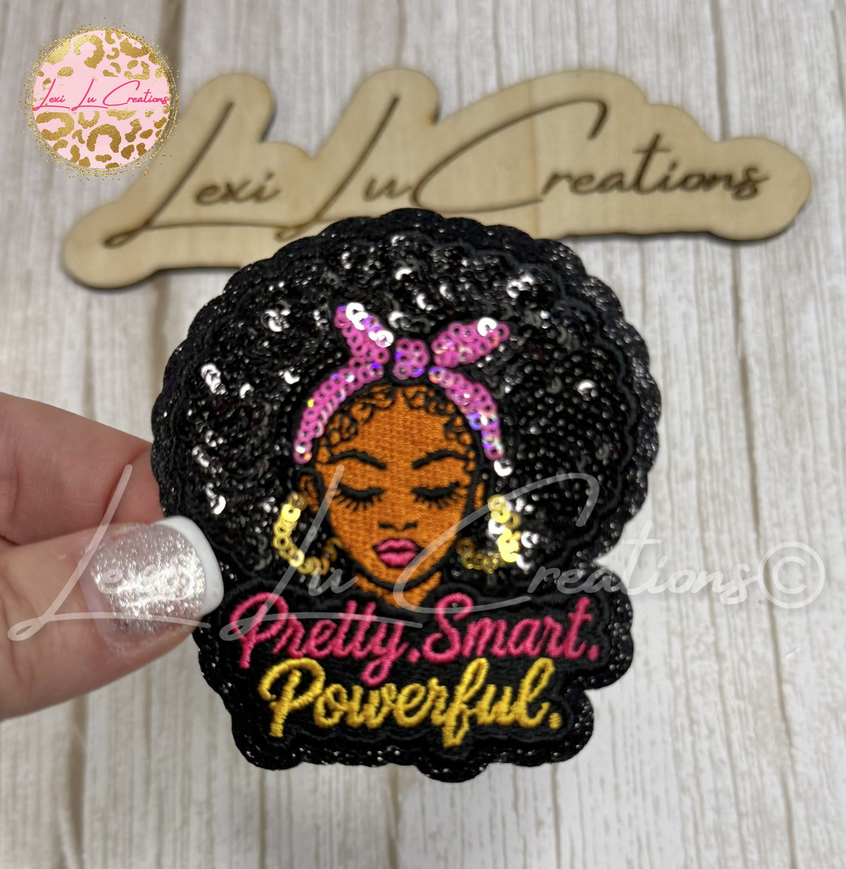 Pretty Smart Powerful Afro Woman Sequin Hat Patch | Black Girl Empowerment Iron-On Patch